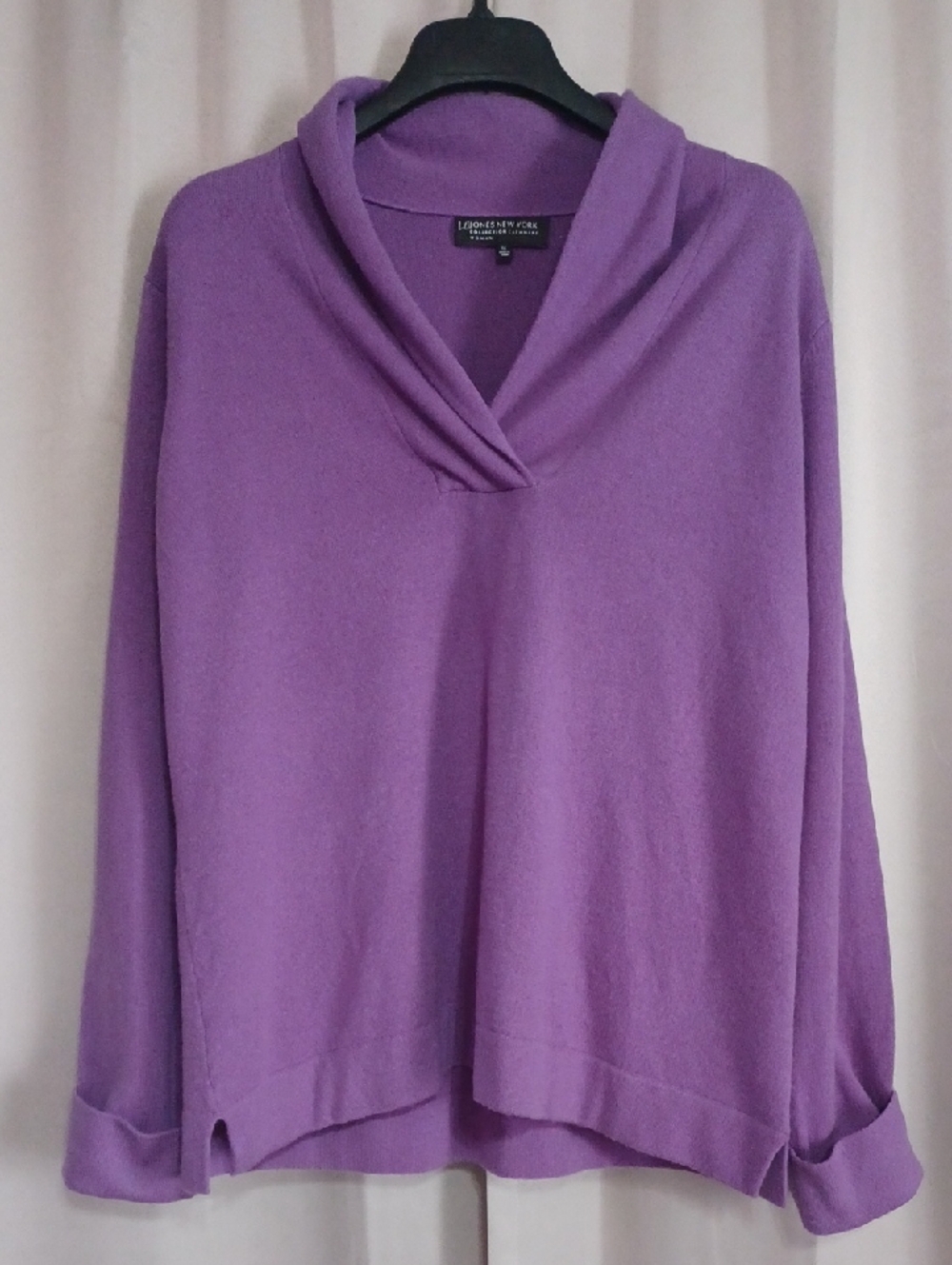 Jones New York Cashmere Purple Shawl Collar Pullover Sweater V-Neck Long Sleeves